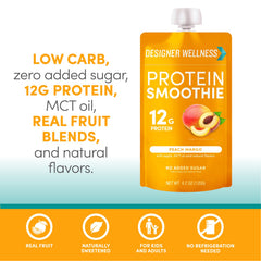 Designer Wellness Protein Smoothie Peach Mango real fruit blend visible.