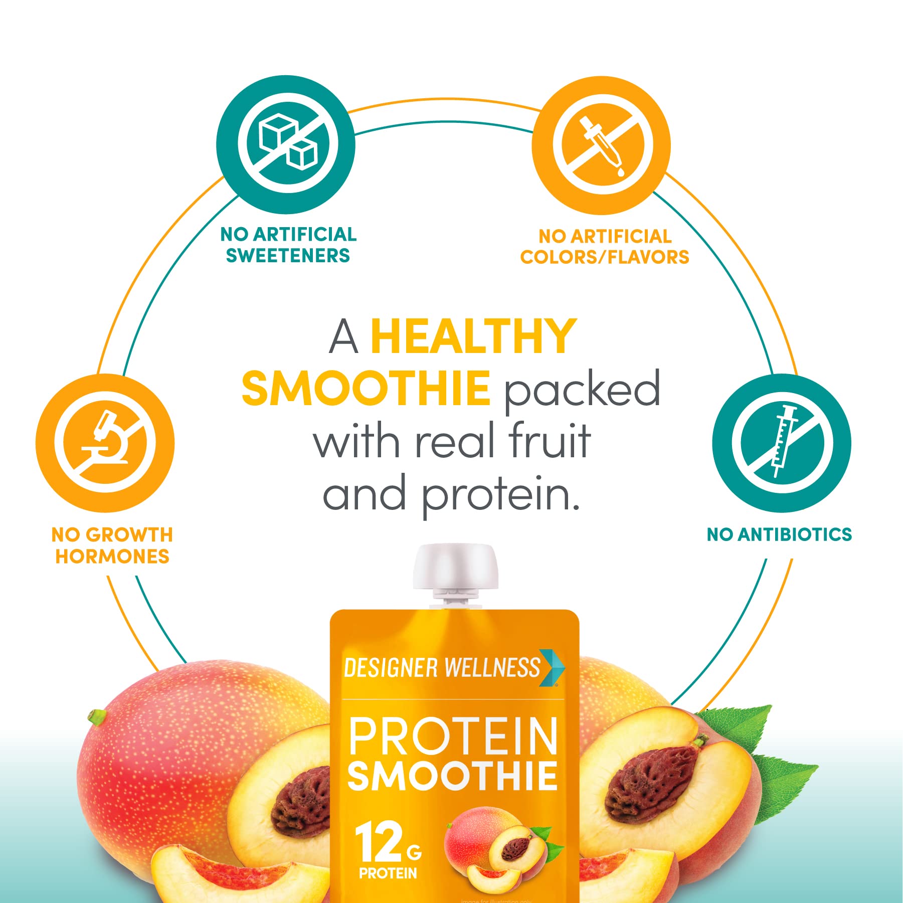 Designer Wellness Protein Smoothie Peach Mango label with gluten-free notes.