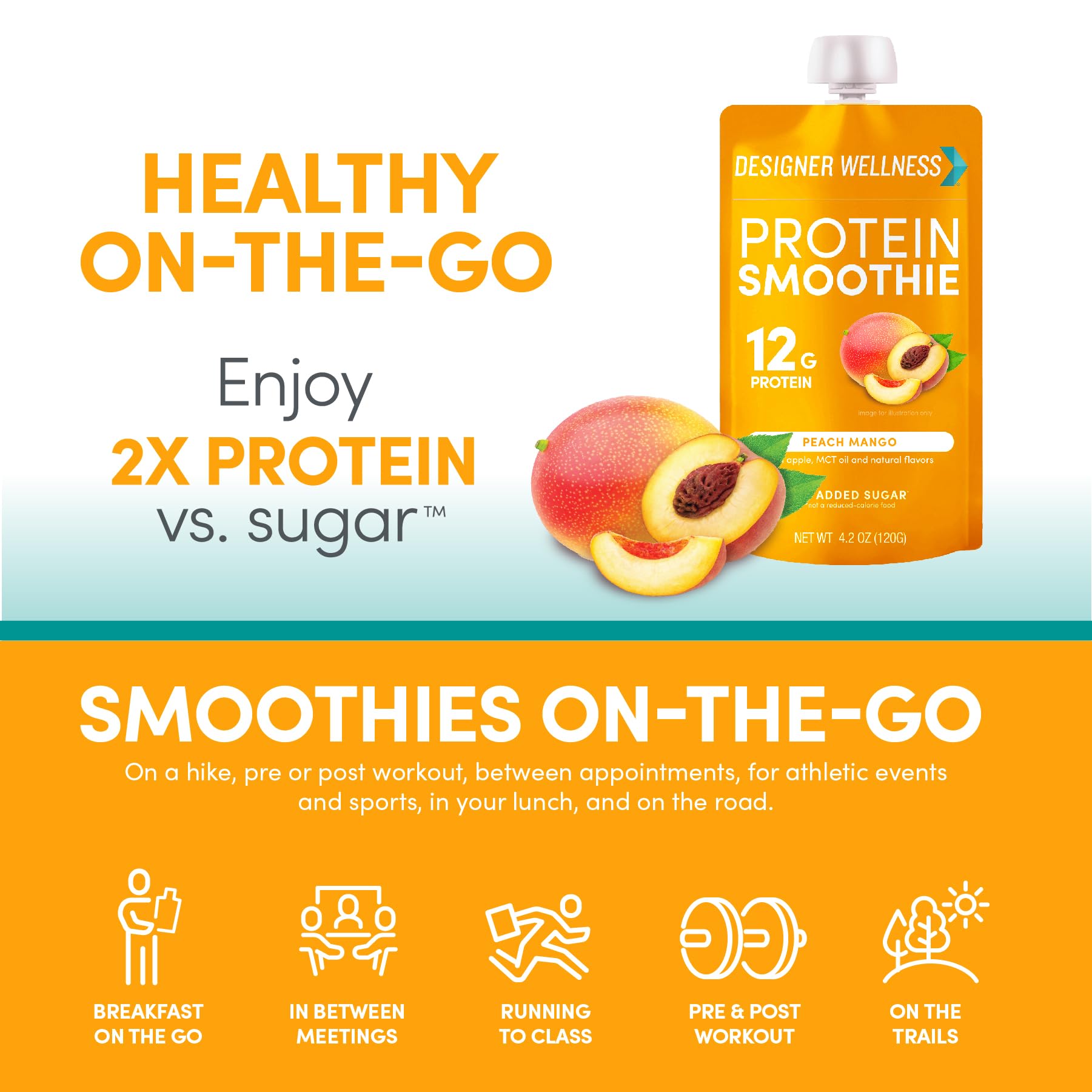 Designer Wellness Protein Smoothie Peach Mango on-the-go setup with glass.
