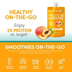 Designer Wellness Protein Smoothie Peach Mango on-the-go setup with glass.