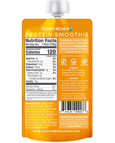 Designer Wellness Protein Smoothie Peach Mango packaging close-up shows real fruit.