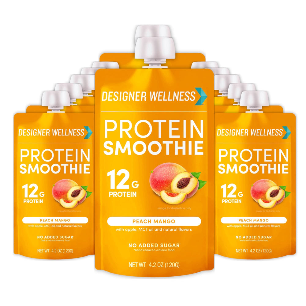 Designer Wellness Protein Smoothie Peach Mango pouch ready for on-the-go nutrition.