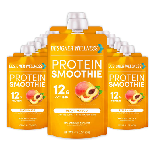 Designer Wellness Protein Smoothie Peach Mango pouch ready for on-the-go nutrition.