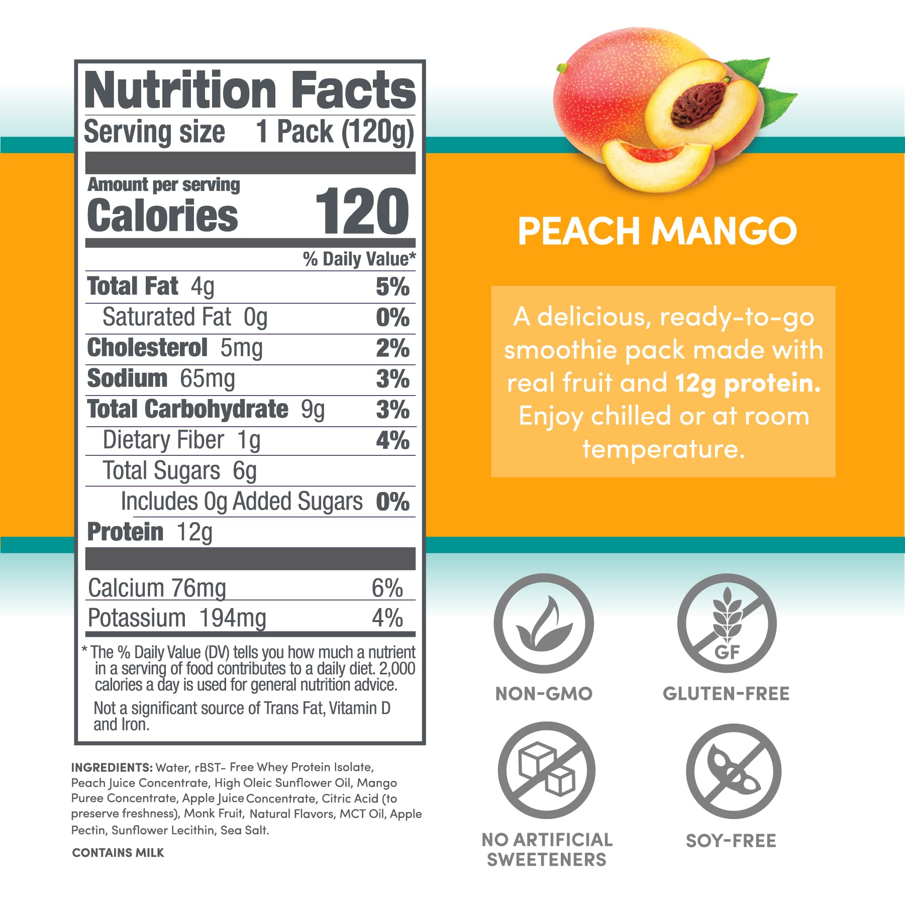 Designer Wellness Protein Smoothie Peach Mango pouring into a glass.