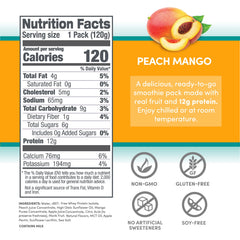 Designer Wellness Protein Smoothie Peach Mango pouring into a glass.