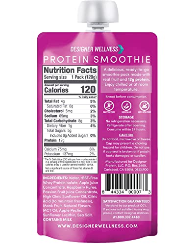 Designer Wellness protein smoothie glass showing Raspberry Passion Fruit flavor and low carb profile
