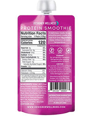 Designer Wellness protein smoothie glass showing Raspberry Passion Fruit flavor and low carb profile