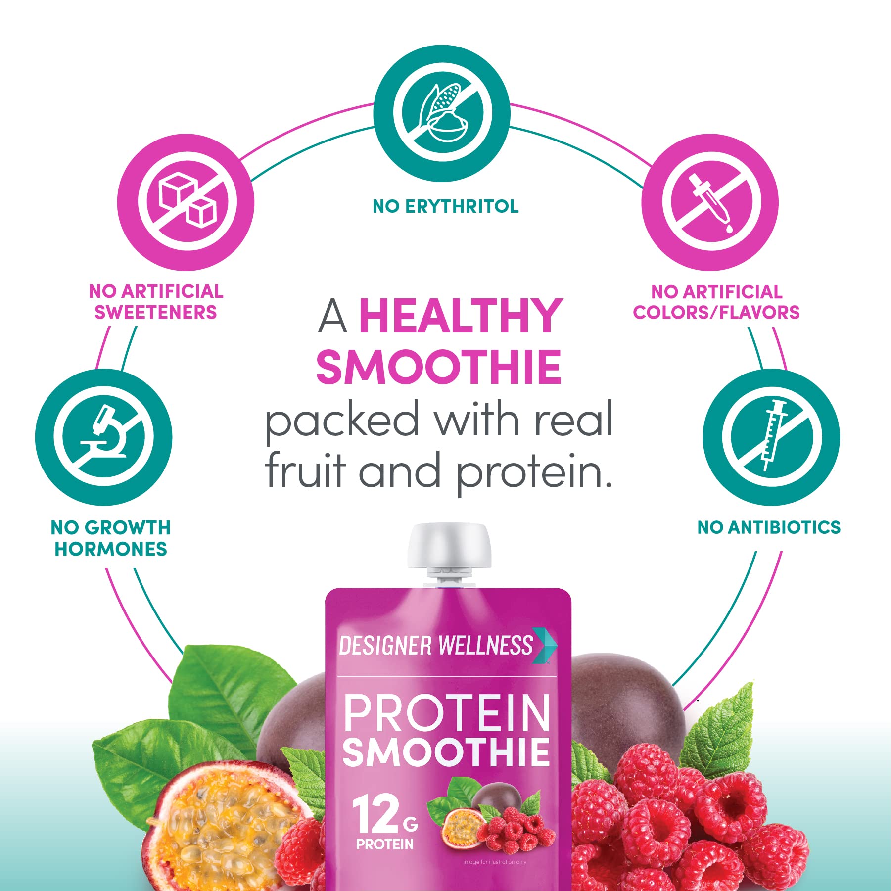 Designer Wellness smoothie ingredients emphasized real fruit and dairy protein blend