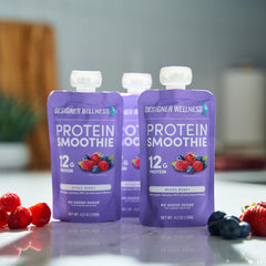 On-the-go protein boost from Designer Wellness smoothie without refrigeration.