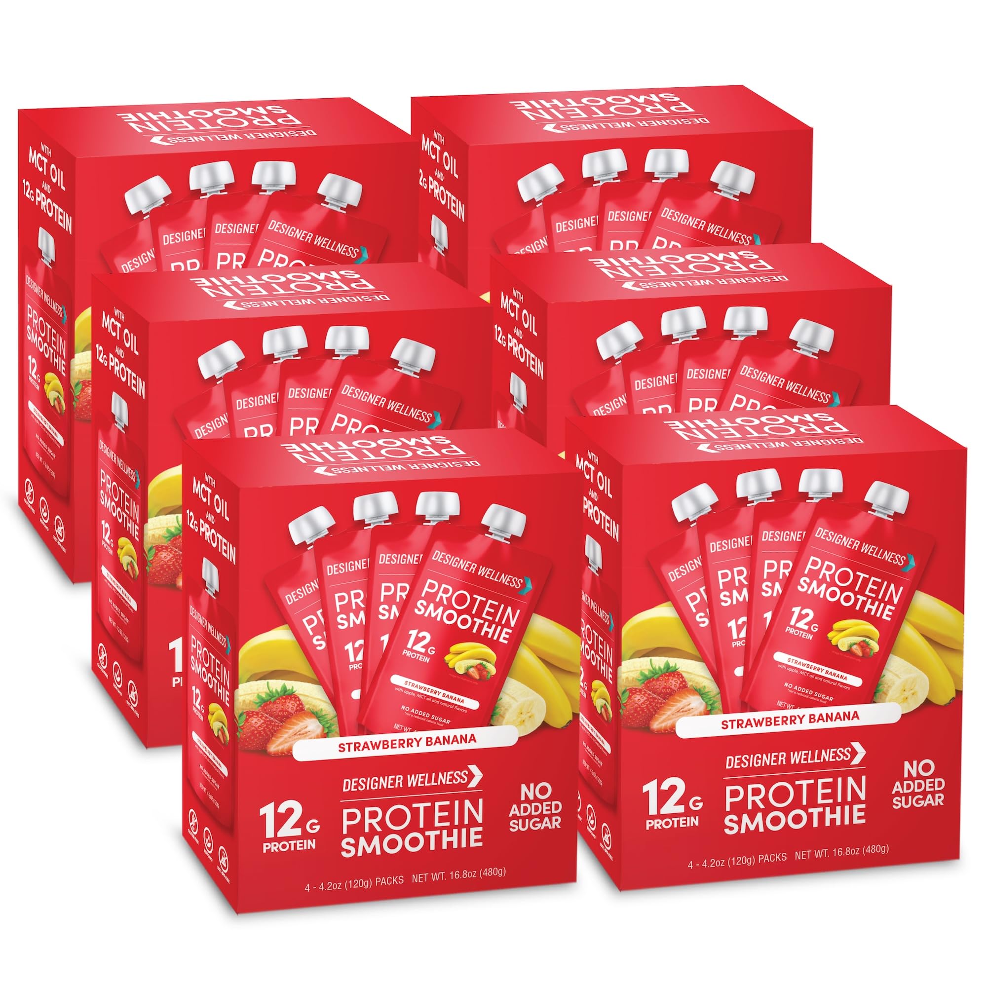 Designer Wellness Protein Smoothie bottle shows strawberry-banana flavor, ideal for on-the-go protein.