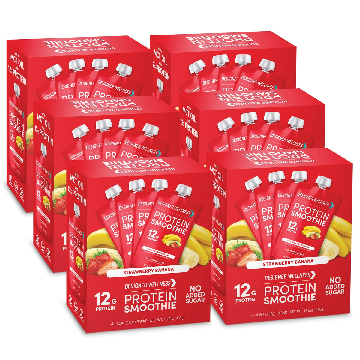 Designer Wellness Protein Smoothie bottle shows strawberry-banana flavor, ideal for on-the-go protein.