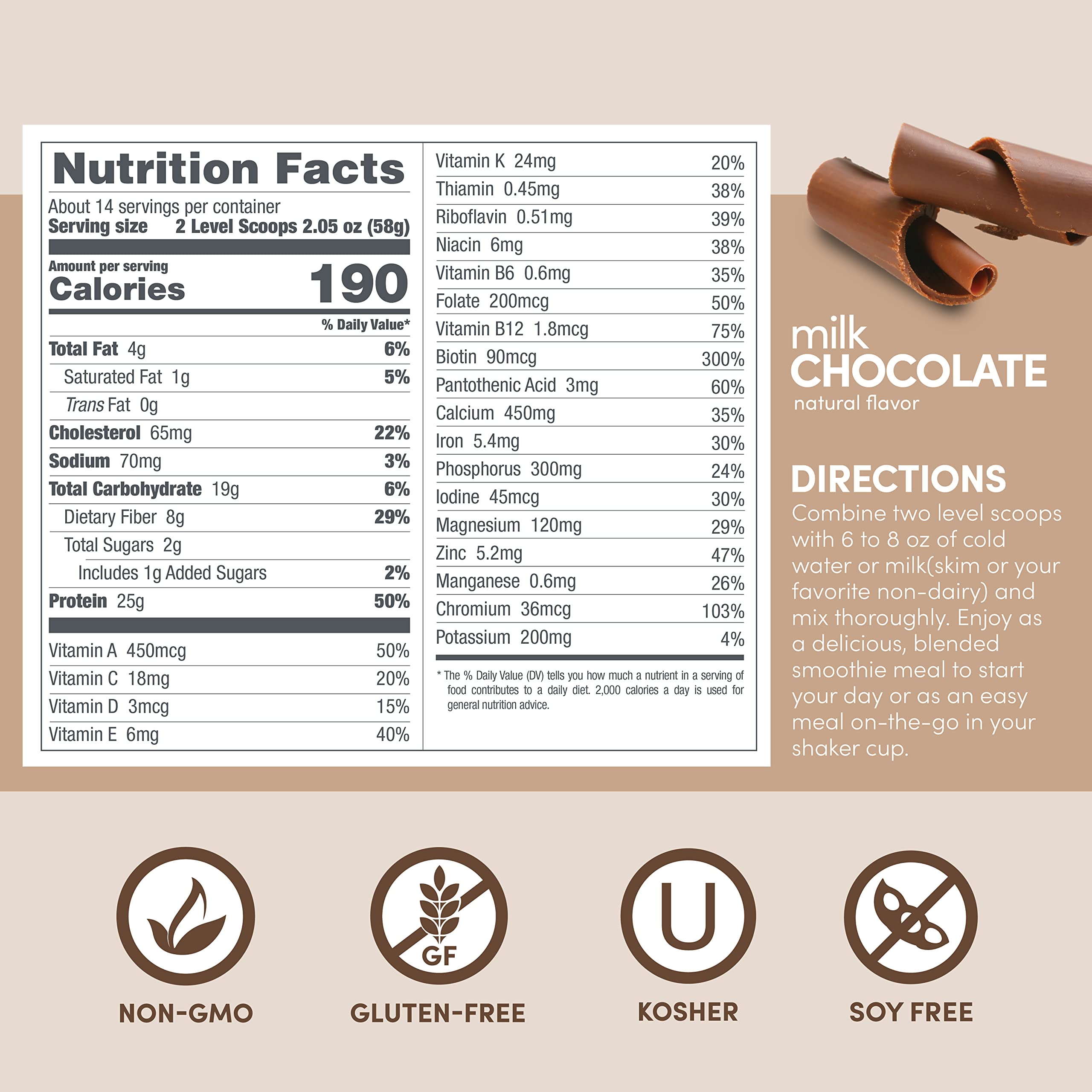 Designer Wellness shake glass with creamy milk chocolate beverage.