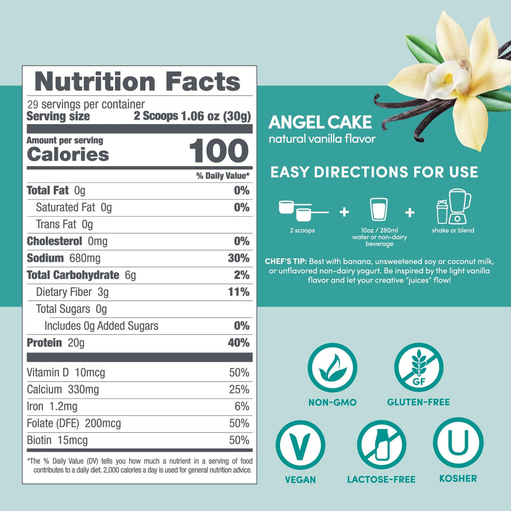 Designer Wellness Angel Cake Vanilla label emphasizes biotin and hyaluronic acid benefits.