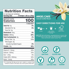 Designer Wellness Angel Cake Vanilla label emphasizes biotin and hyaluronic acid benefits.