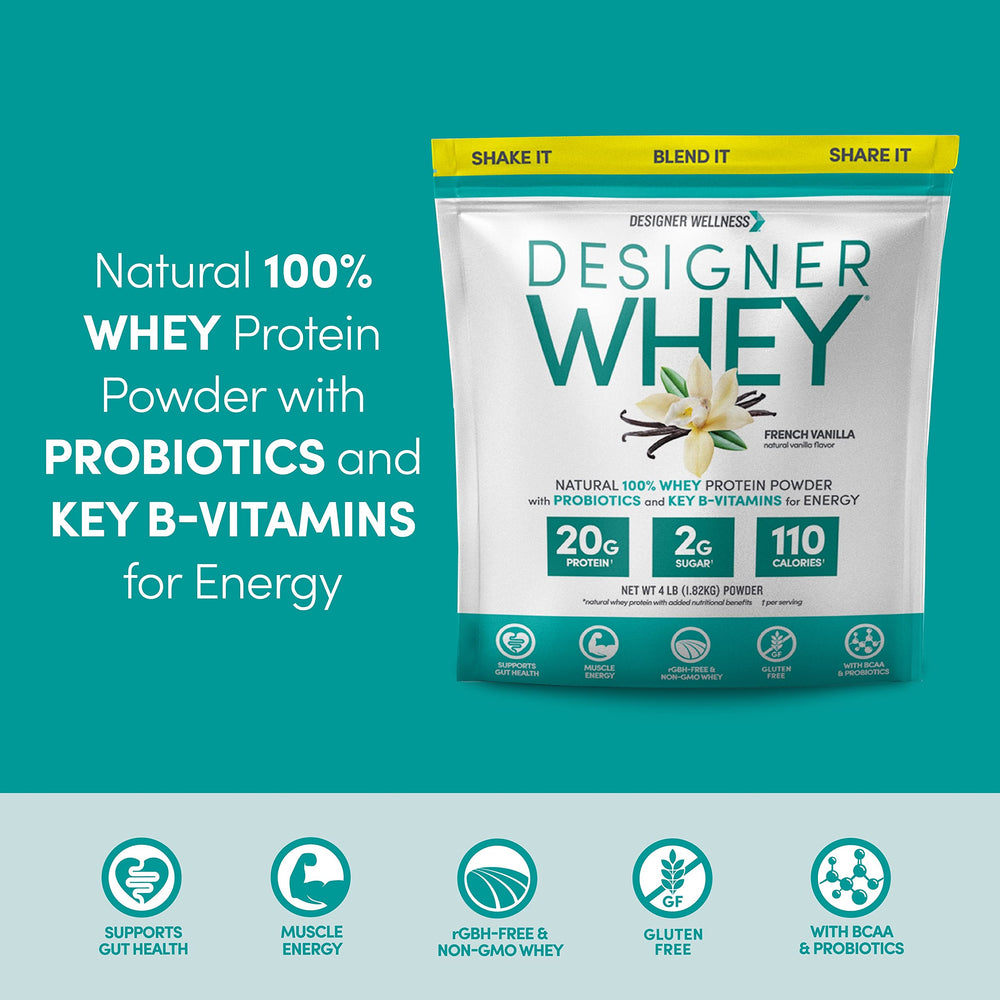 Designer Whey nutrition label highlighting gluten-free and additive-free formula.