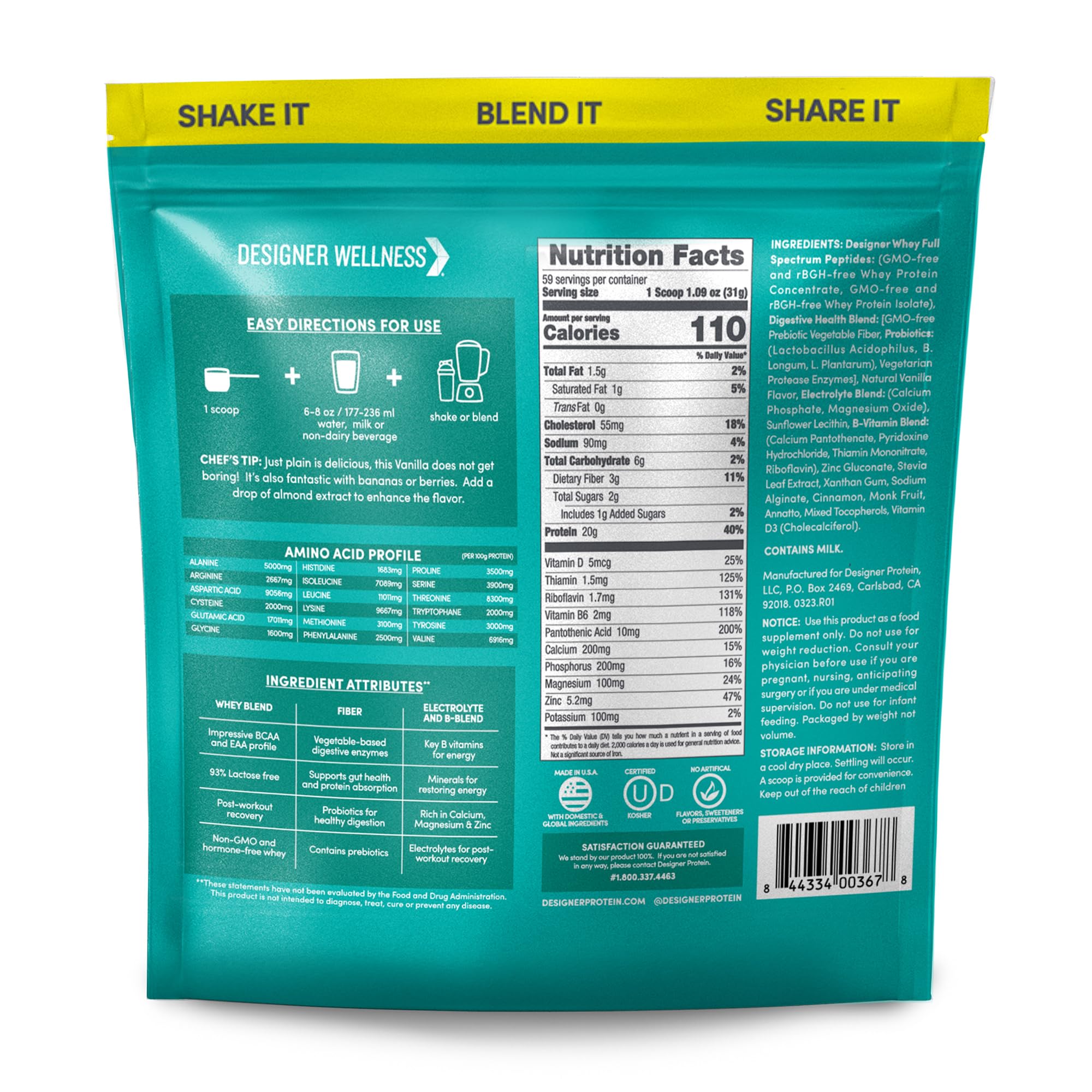 Designer Whey scoop dispensing powder for quick shakes.