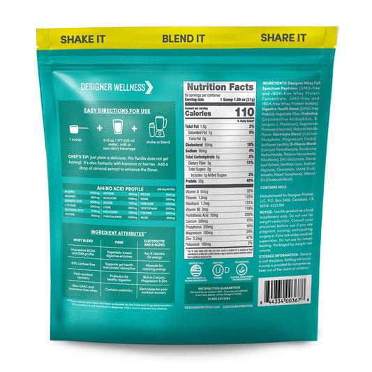Designer Whey scoop dispensing powder for quick shakes.