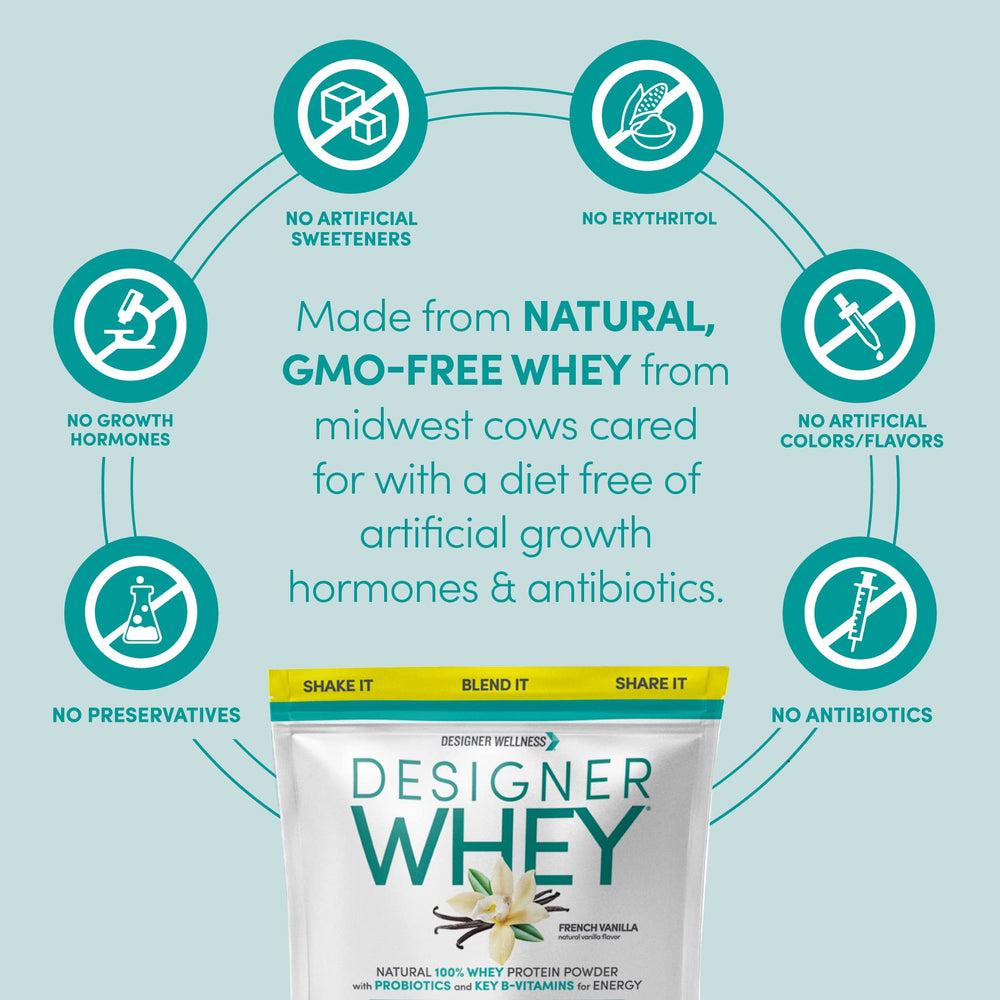 Designer Whey shake glass with creamy French Vanilla texture.
