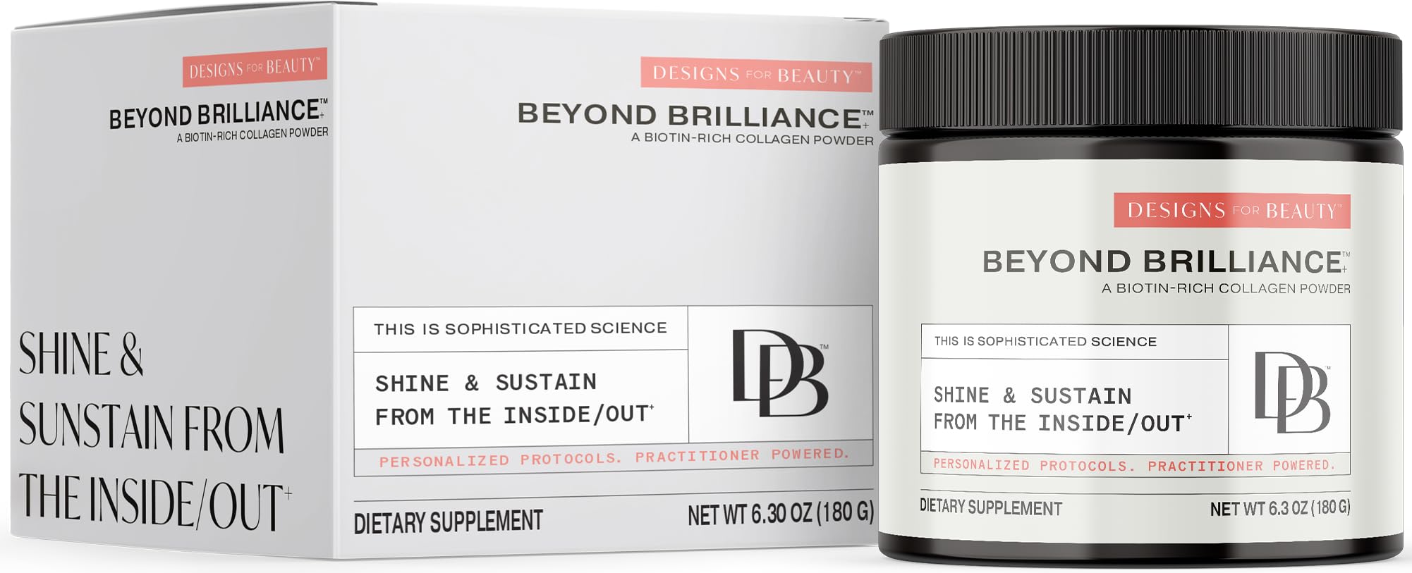 Designs for Beauty Beyond Brilliance collagen powder tub in unflavored formula for easy daily use