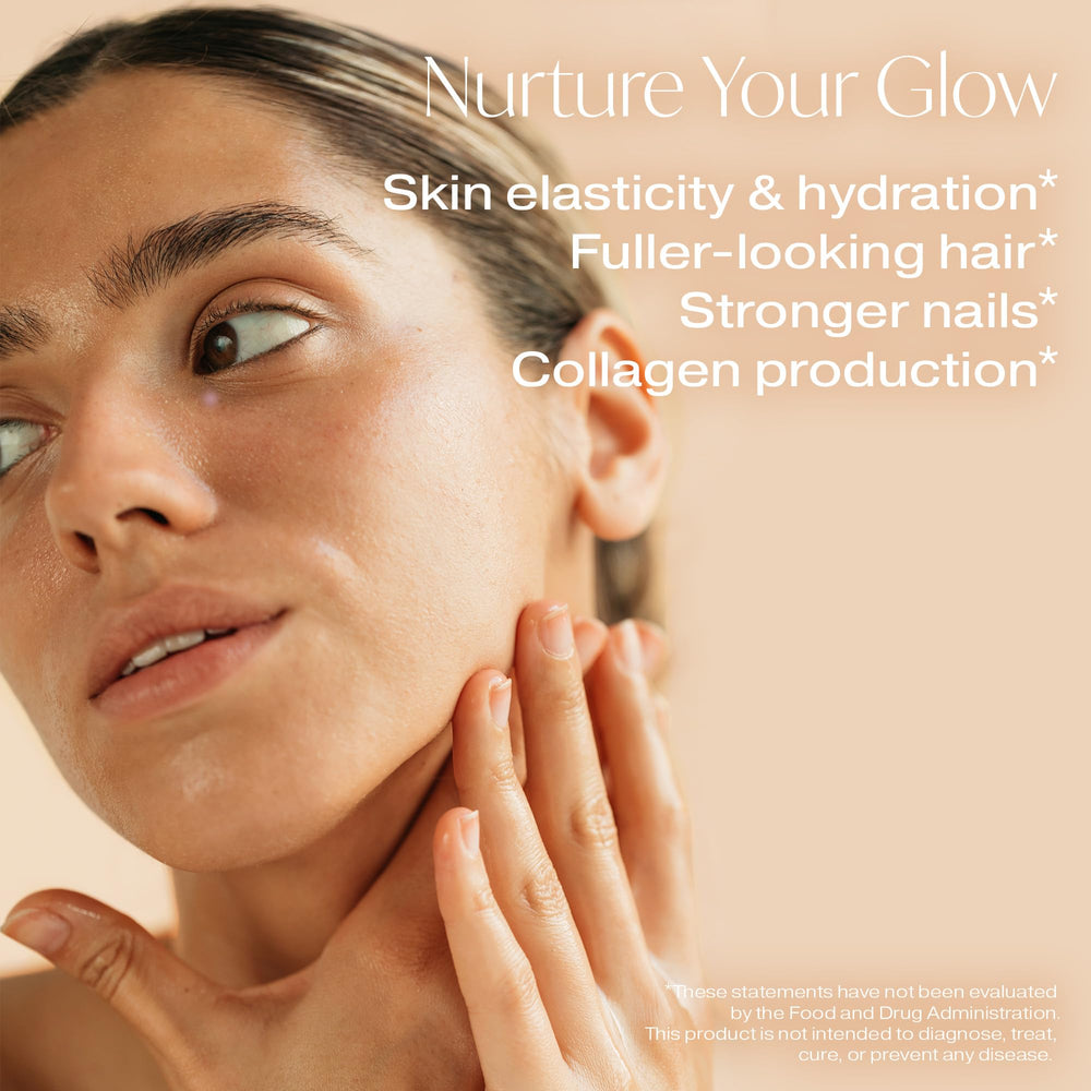 Designs for Beauty The Big Glow capsules on white desk—easy daily wellness supplement.