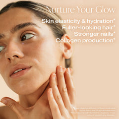Designs for Beauty The Big Glow capsules on white desk—easy daily wellness supplement.