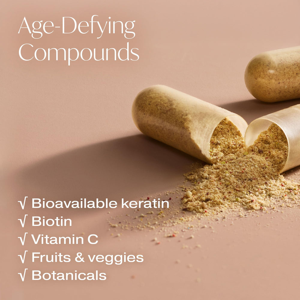 Designs for Beauty The Big Glow capsules with keratin and biotin—potential hair, skin support.