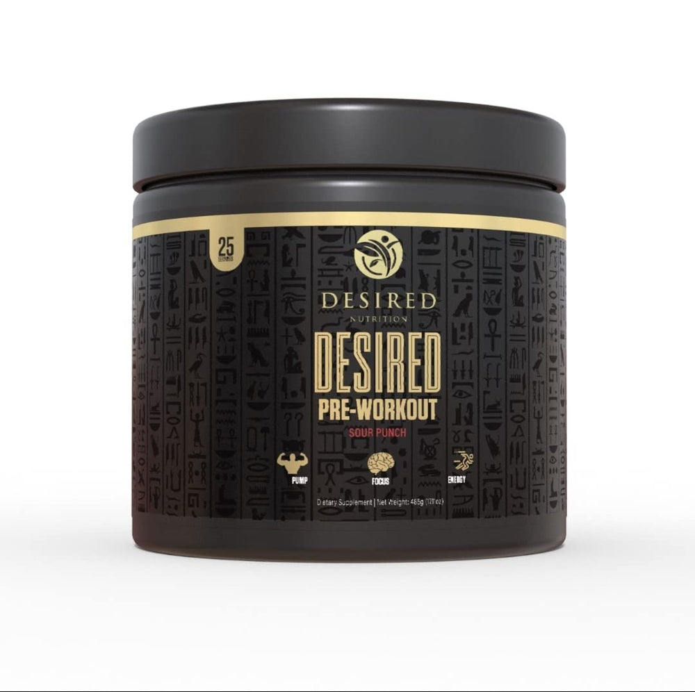 Desired Nutrition pre-workout bottle pour showing steady energy for training sessions