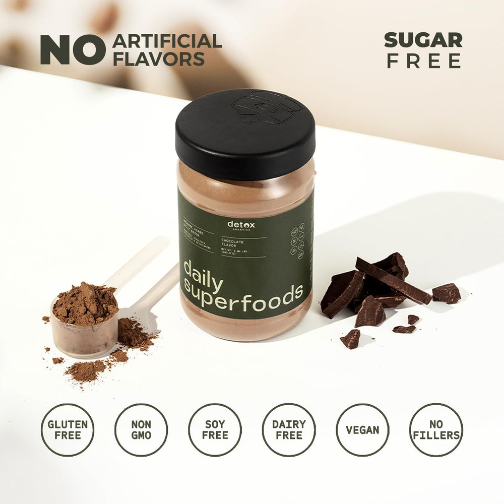 Chocolate greens powder for bloating relief in a glass.