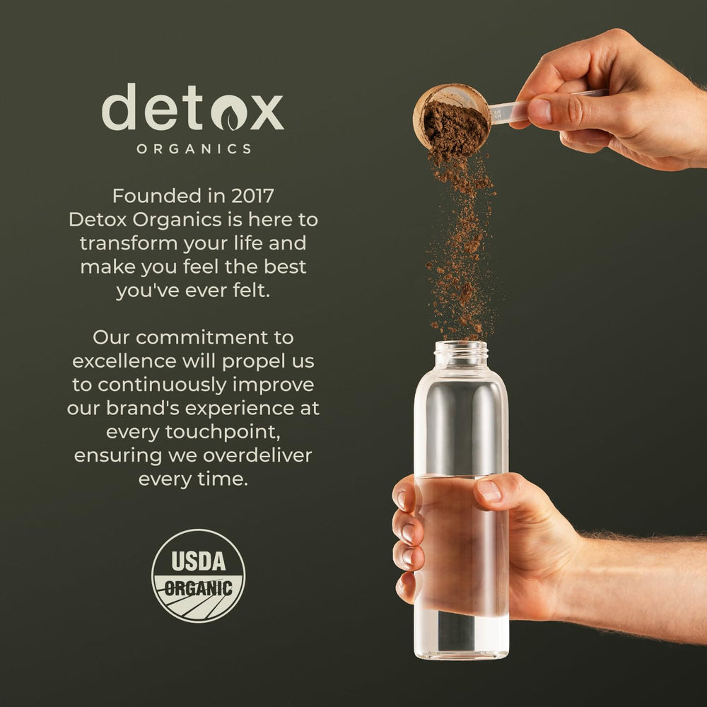 Cold glass featuring Detox Organics Greens Chocolate energy drink.