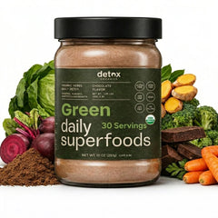 Detox Organics Greens Chocolate powder tub ready for a daily greens and energy boost.