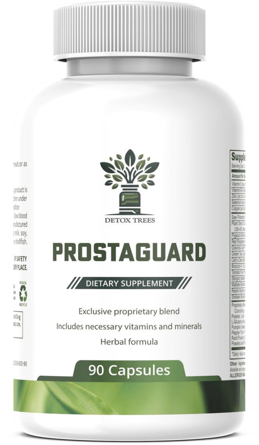 Detox Trees Prostate supplement bottle shown for daily urinary flow support.