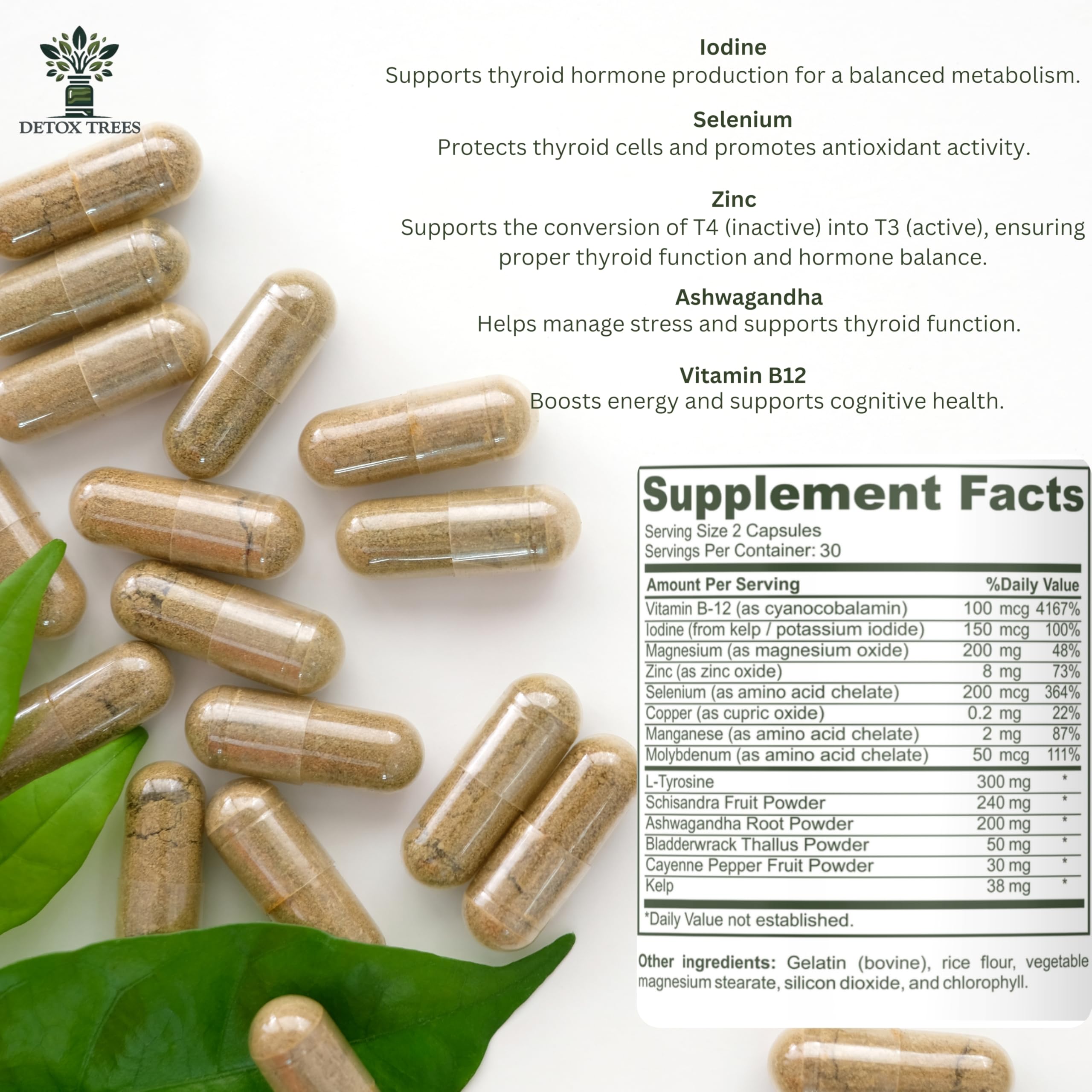 Detox Trees Thyroid Health Formula label highlights clean, non-GMO formulation