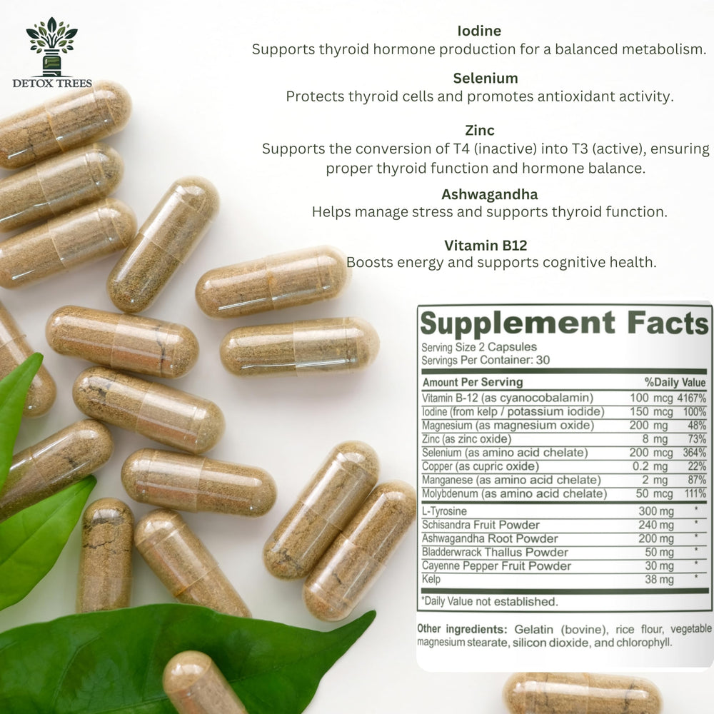 Detox Trees Thyroid Health Formula label highlights clean, non-GMO formulation