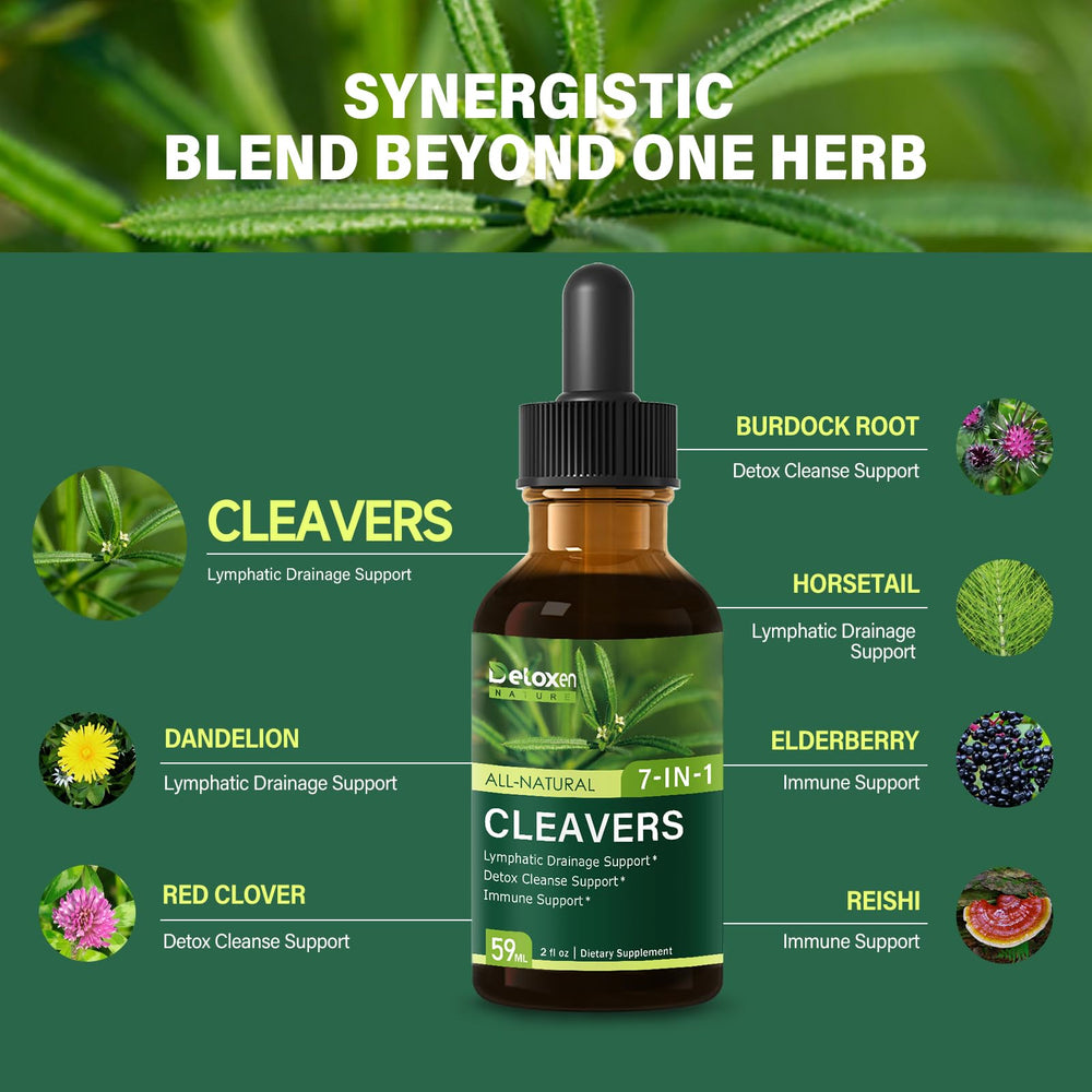 DetoxenNATURE Cleavers Drops dropper highlighting precise dosing for convenience