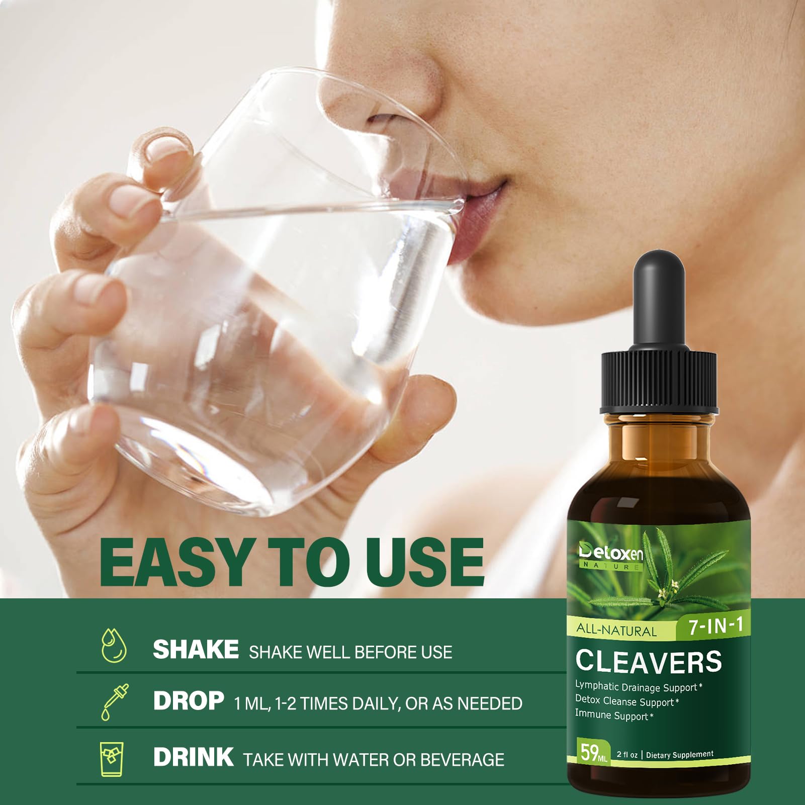 DetoxenNATURE Cleavers Drops being added to water for quick ingestion