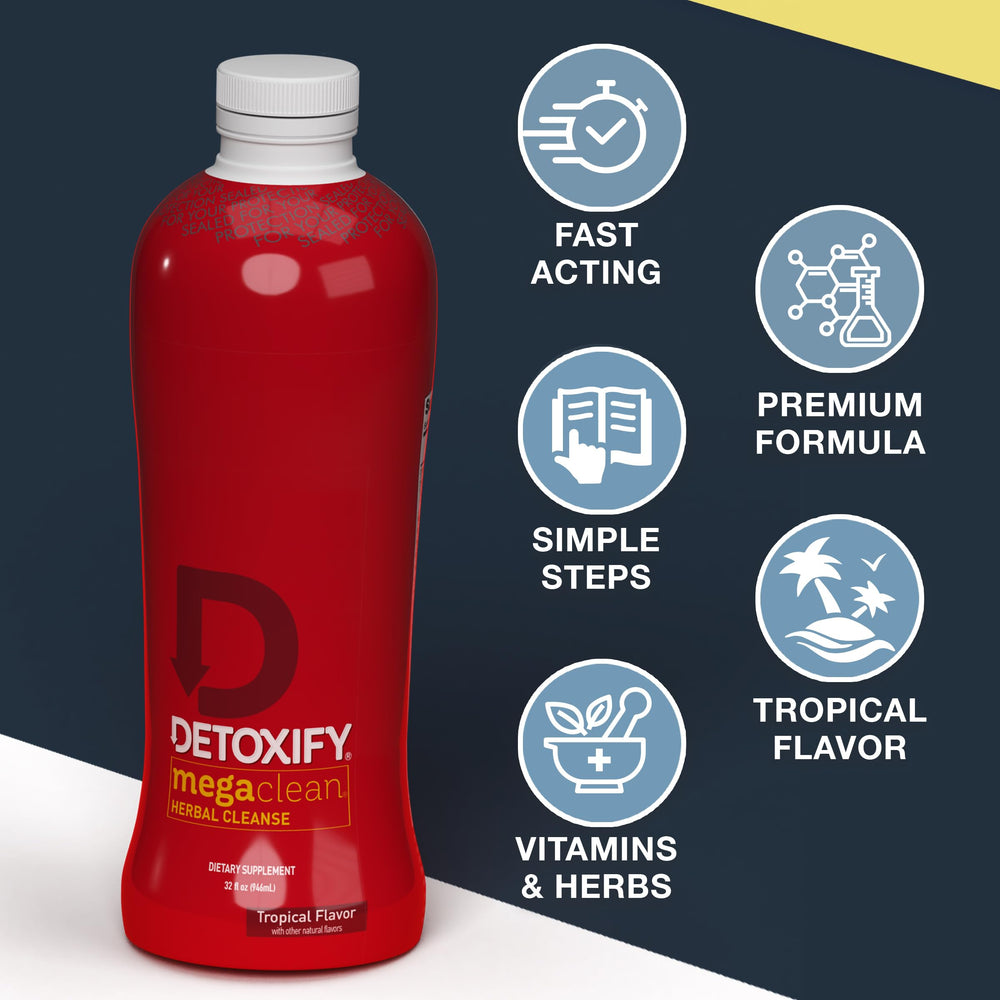 Detoxify Mega Clean tropical label highlights ingredients and usage notes.