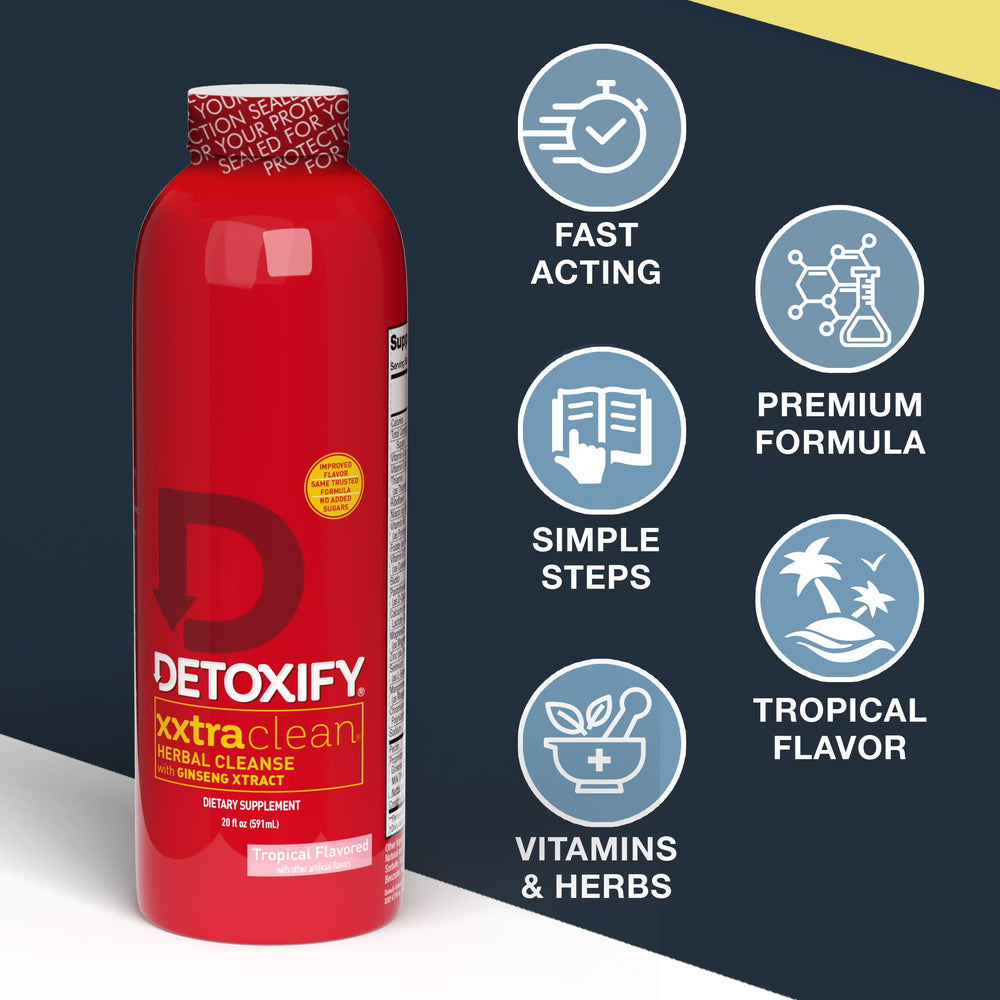 Detoxify Xxtra Clean tropical fruit bottle side view shows 20 oz size