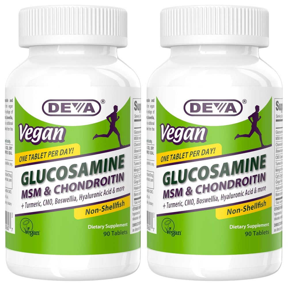 DEVA vegan glucosamine bottle front label highlighting joint support and non-animal ingredients