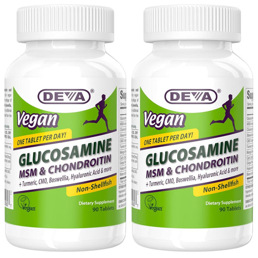 DEVA vegan glucosamine bottle front label highlighting joint support and non-animal ingredients