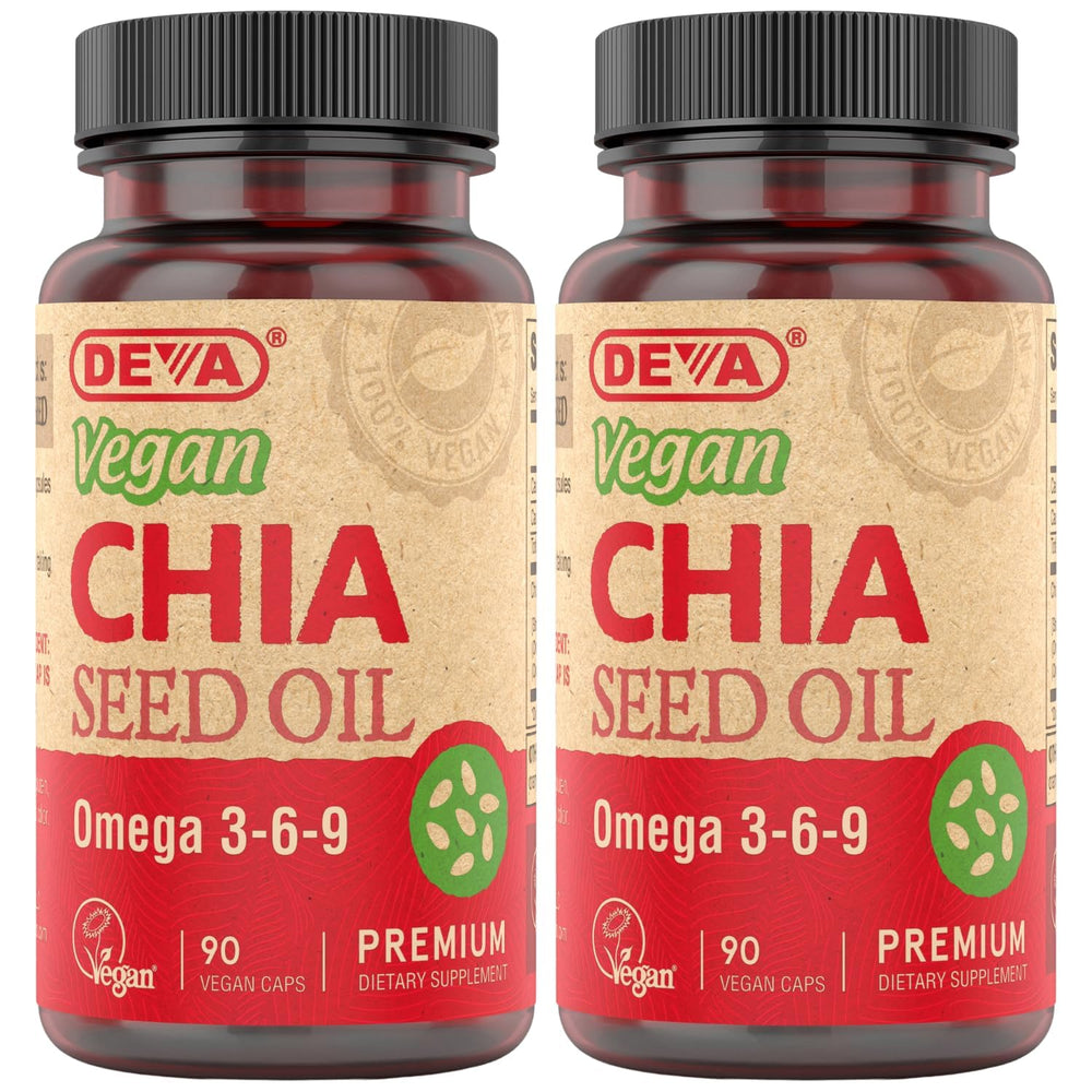 DEVA Chia Seed Oil bottle shows organic, cold-pressed omega-3 source for vegan daily use.