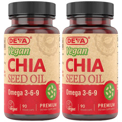 DEVA Chia Seed Oil bottle shows organic, cold-pressed omega-3 source for vegan daily use.