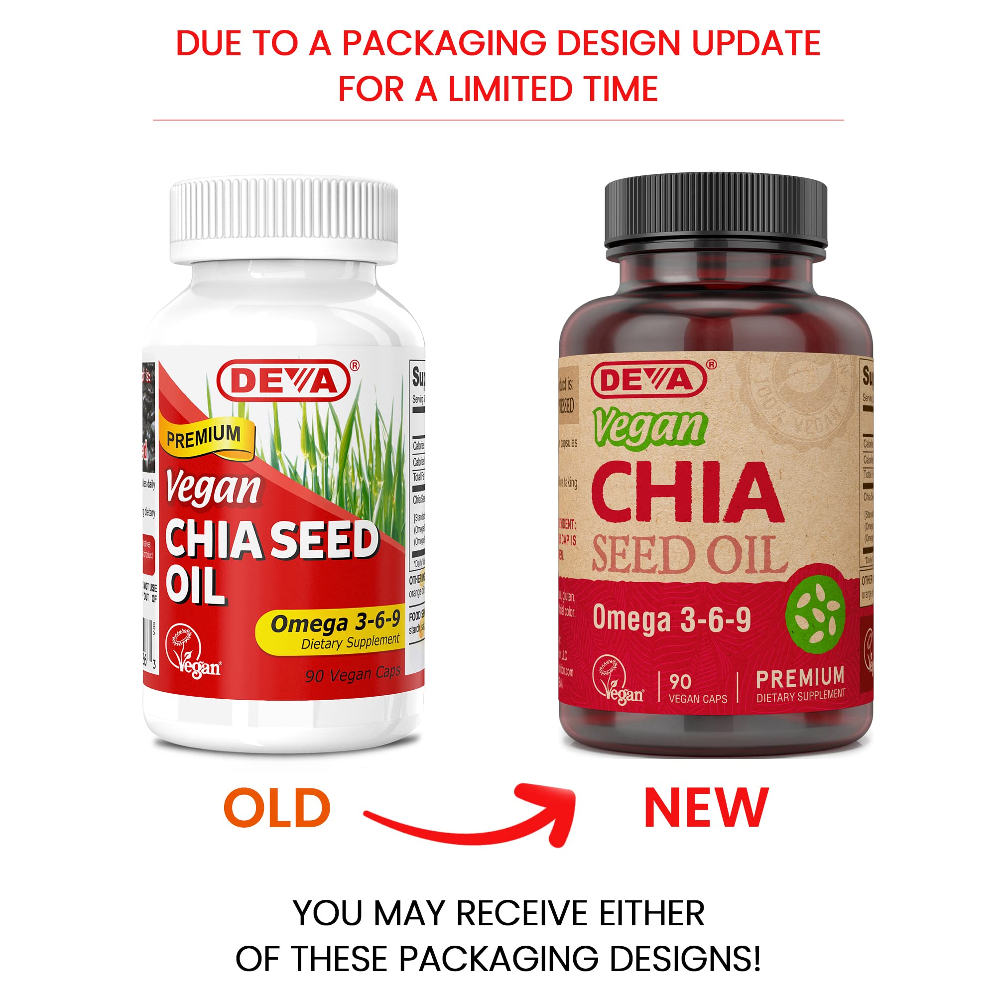 DEVA Chia Seed Oil capsules pack highlights vegan capsules for convenient omega-3 intake.