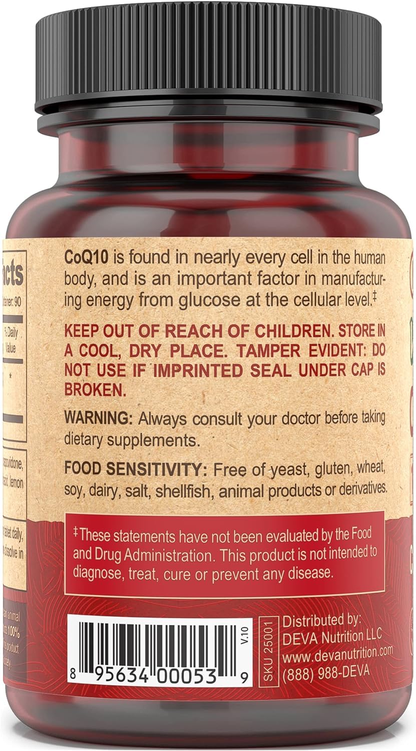 DEVA vegan CoQ10 ingredients highlighted on label for transparency
