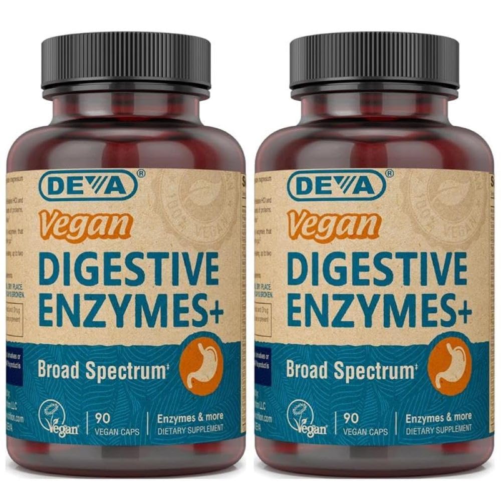DEVA Digestive Enzymes+ bottle supports vegan digestion with broad enzyme activity.
