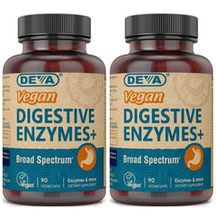 DEVA Digestive Enzymes+ bottle supports vegan digestion with broad enzyme activity.