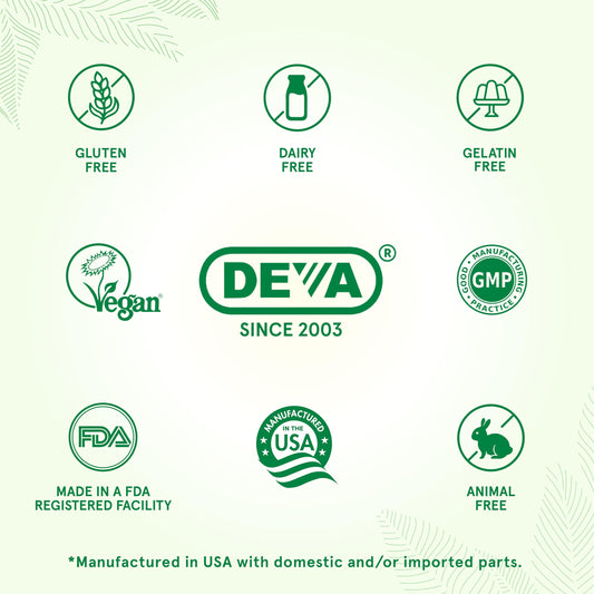 DEVA Digestive Enzymes+ ingredients close-up shows vegan, non-dairy enzyme blend.