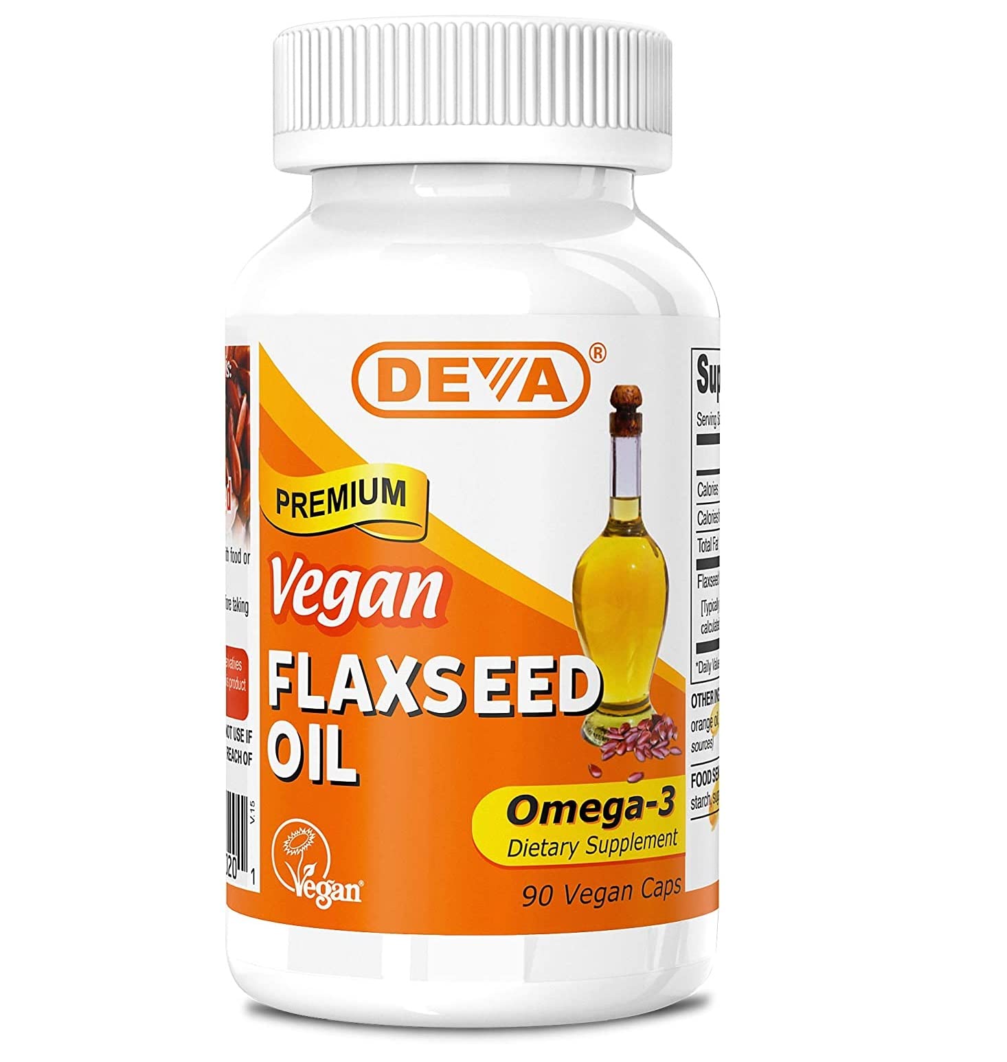 DEVA flaxseed oil bottle on display highlighting pack3 and premium quality