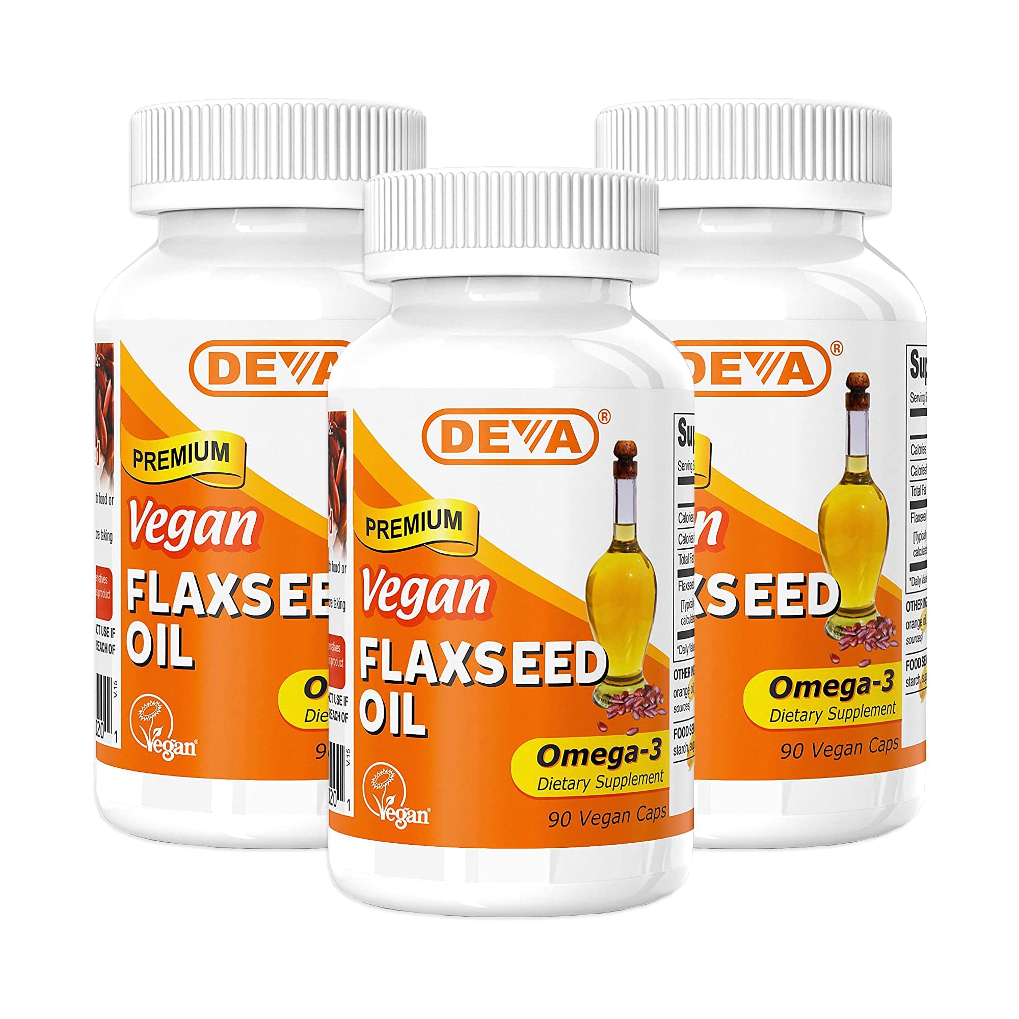 DEVA flaxseed oil capsules pack3 closeup shows convenient vegan omega-3 supplement