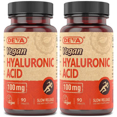 DEVA Hyaluronic Acid tablets in bottle, vegan and non-GMO formula for daily support.
