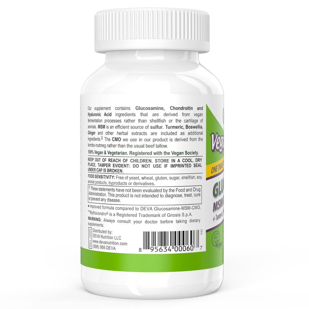 DEVA ingredient chart showing glucosamine, MSM, and chondroitin synergy for joints